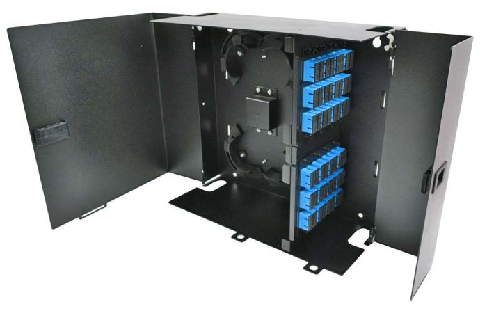 Wall Mount Enclosure 8 Panel Deluxe Loaded with 8 Duplex LC/UPC Plates Pigtails & Splice Trays Black