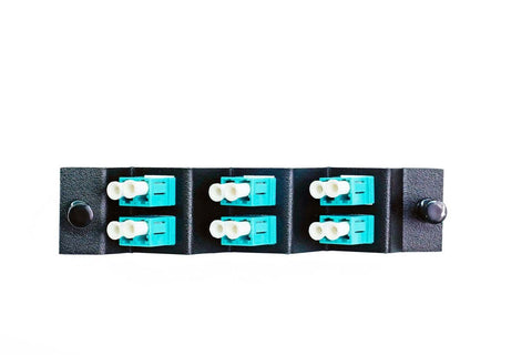 Adapter Plate 6-Pack LC Duplex Multimode (OM3) 10 Gig Aqua Adapters Ports Angled 45 Degrees Loaded (12 Fibers) Black