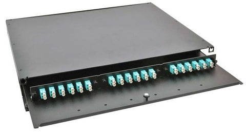 Rack Mount Enclosure 1RU Loaded with 3 Duplex LC OM3 Plates & Splice Trays Black