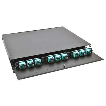1RU Rack Mount Enclosure Loaded with 3 SC/PC OM3 Adapter Plates, Pigtails, and Splice Trays (36 Fibers)