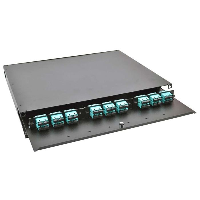 1RU Rack Mount Enclosure Loaded with 3 SC/PC OM3 Adapter Plates, Pigtails, and Splice Trays (36 Fibers)