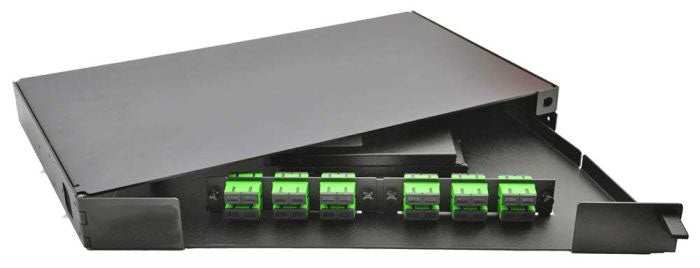Rack Mount Enclosure Swingout 1RU Loaded with 2 Duplex SC/APC Plates & Splice Trays Black