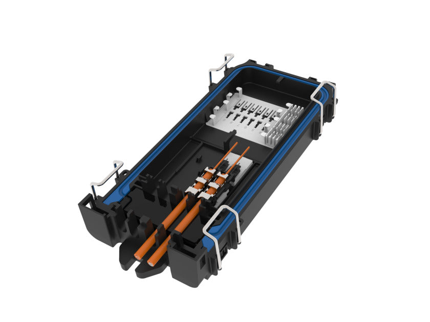 SRC3-U5A1B1BB000 NOVUX™ Specialty Range Closure 100, splice only, no adapters, no splitters, 12 splices, SMOUV® 45mm splice protectors, black, 2x NVX-CRMC-FT-NN cable retention