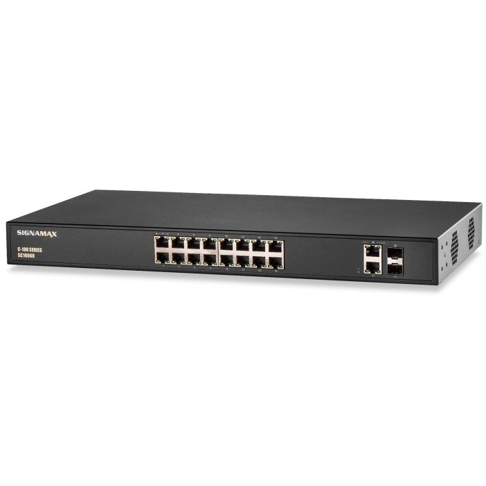 Signamax Media Switch C-100 16 Port 10/100 Base T/TX (RJ45) PoE+ with 2 1000/GbE SFP Ports Unmanaged Switch