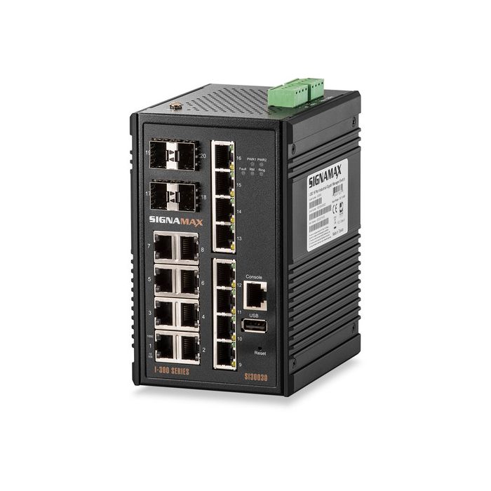 Signamax 16-Port Industrial Managed Media Switch 10/100/1000 Base T/TX (RJ45) with 4-1000/GbE SFP Ports