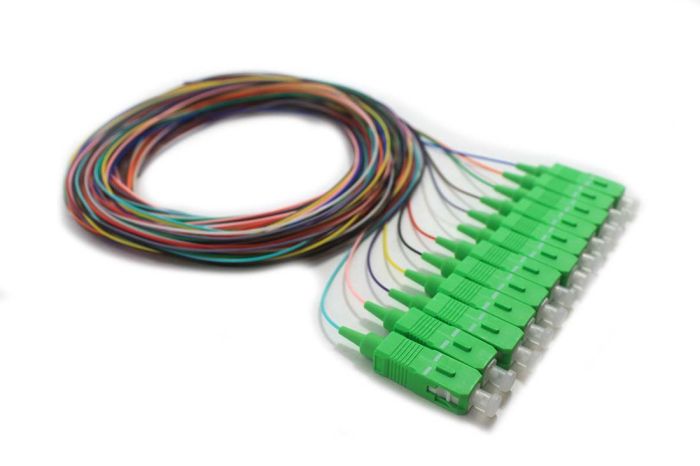900um Pigtail, 12 Fiber, Singlemode, SC/APC, Green Boots, 3 Meters