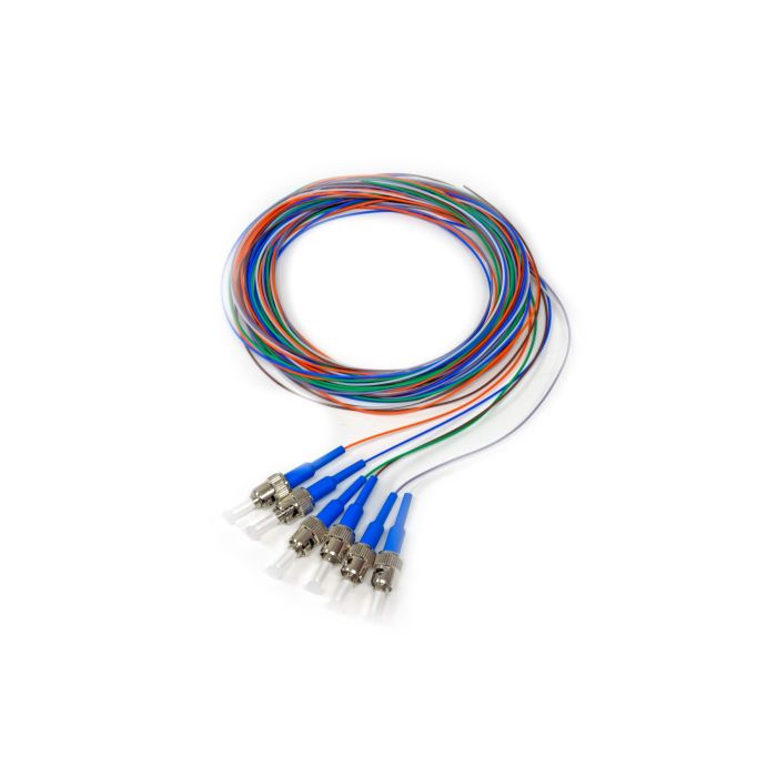 900um Pigtail, 6 Fiber, Singlemode, ST/UPC, Blue Boots, 3 Meters
