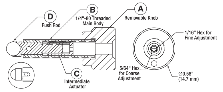 TH-DAS110 - Differential Adjuster Screw, 25 µm/Rev Fine Adjustment, 1/4"-80 Coarse Adjustment Threads