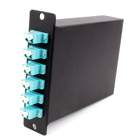 12-fiber MTP Cassette, 50µm OM3 10G Multimode Fiber, 1 rear MTP/female Port, 6 LC Duplex Ports Front