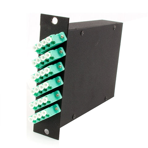 24-fiber MTP Cassette, 50µm OM3 10G Multimode Fiber, 2 rear MTP/male Port, 6 LC Quad Ports Front