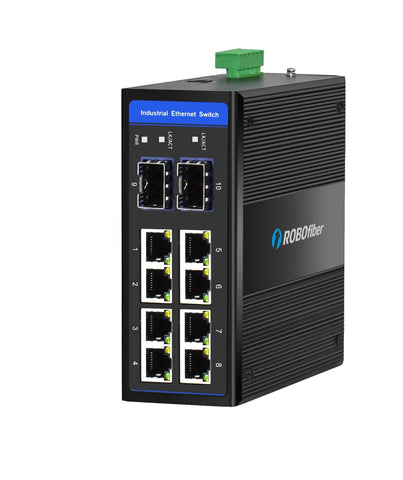 HSW-802GS - 8x RJ45 +2x Gigabit SFP ports Fast Ethernet Industrial fiber switch, DIN rail mount, -40 to +75 Celsius