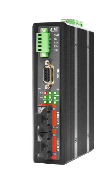 IFC-FDC-E-SC002 - RS-232, RS-485, RS-422 over daisy chain dual port multimode fiber industrial media converter, 2Km, 2.5kV isolation, -40-75 Celsius