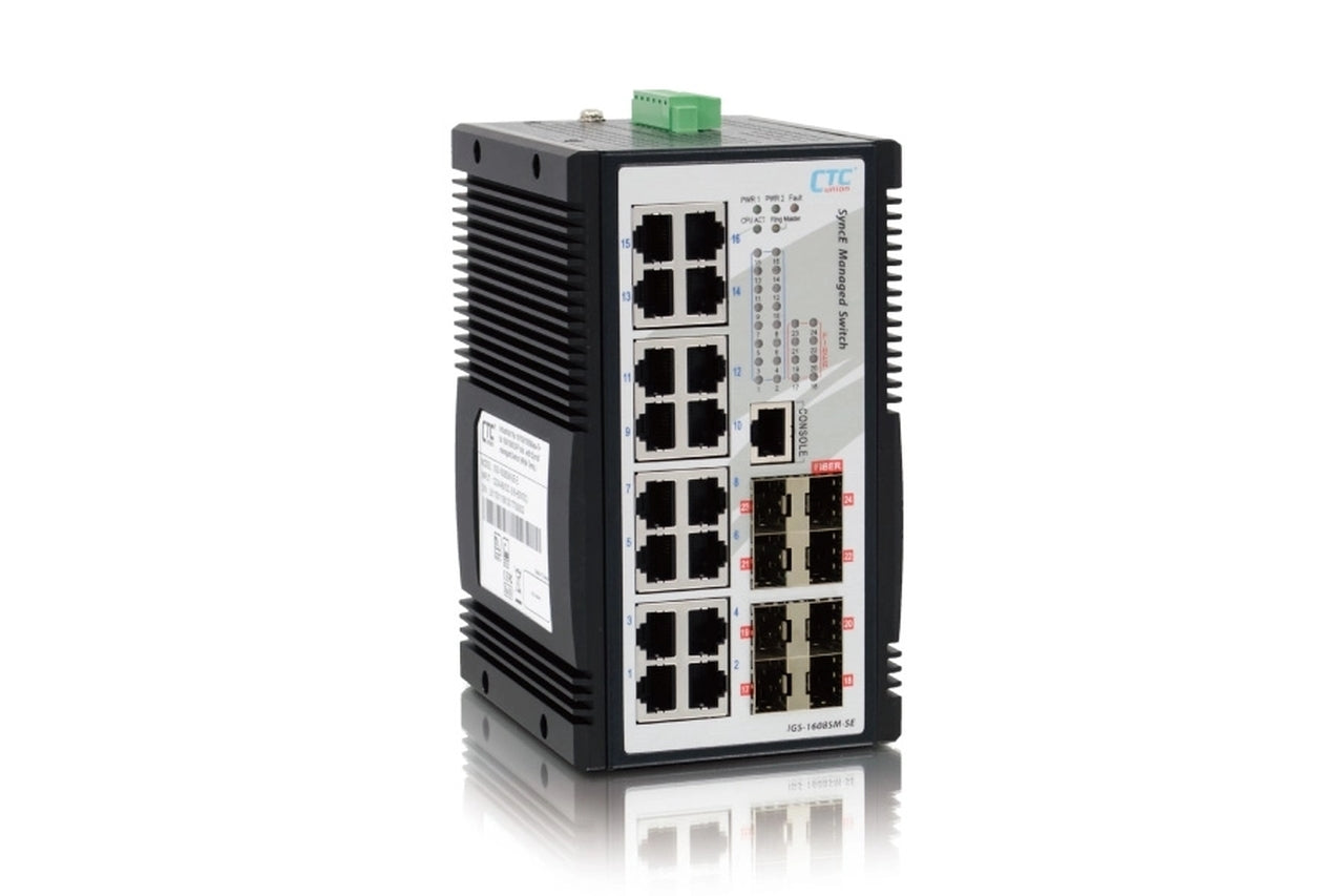 IGS-1608SM-SE-E - 16 copper + 8 SFP port SNMP/web-managed Industrial switch with Sync-E, DIN rail mount, extreme temp