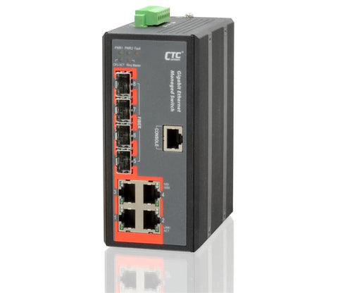 IGS-404SM-E - 4 copper + 4 SFP port SNMP/web-managed Gigabit Ethernet Industrial switch, DIN rail mount, extended temp -40 to +75C