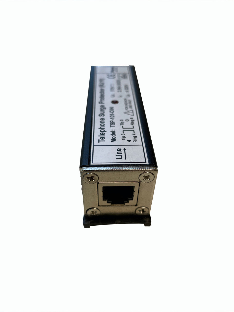 TSP-101-DIN Telephone line surge protector RJ11 in-line LED indicator, DIN rail mountable